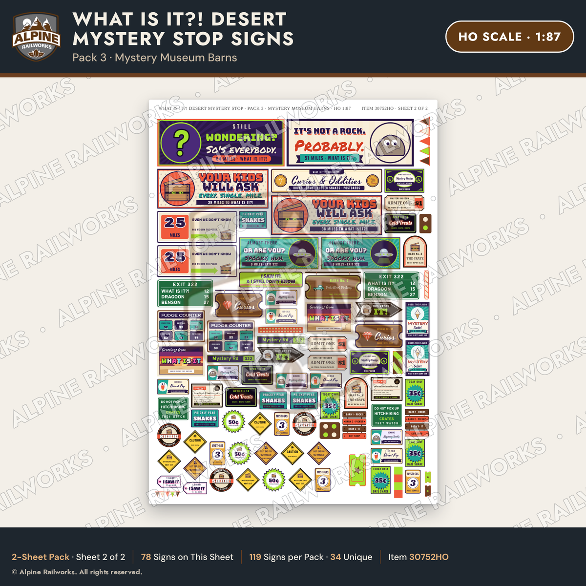 Alpine Railworks 30752HO HO Scale Roadside Signs - Desert Mystery Stop