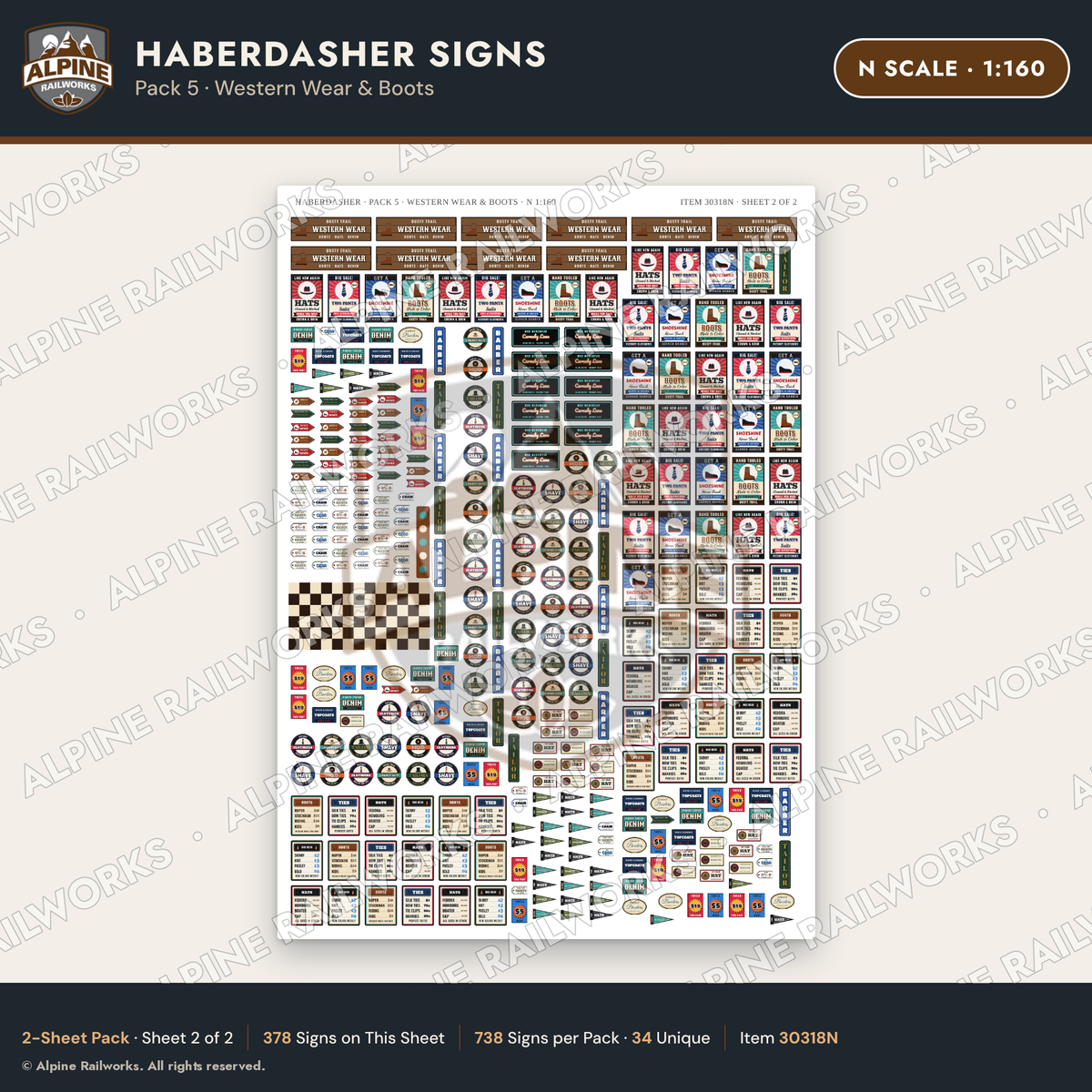 Alpine Railworks 30318N N Scale Haberdasher Signs - Western Wear