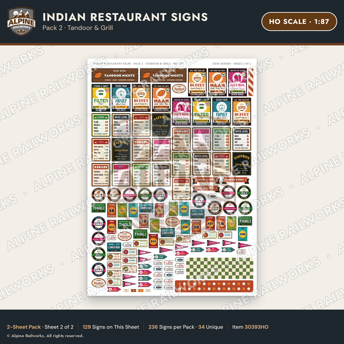 Alpine Railworks 30393HO HO Scale Indian Restaurant Signs - Tandoor
