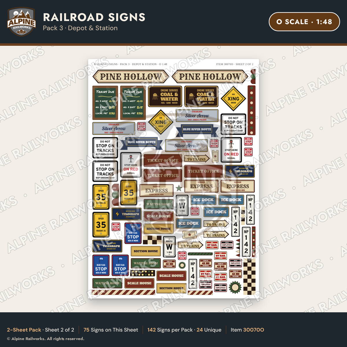Alpine Railworks 30070O O Scale Railroad Signs - Depot & Station