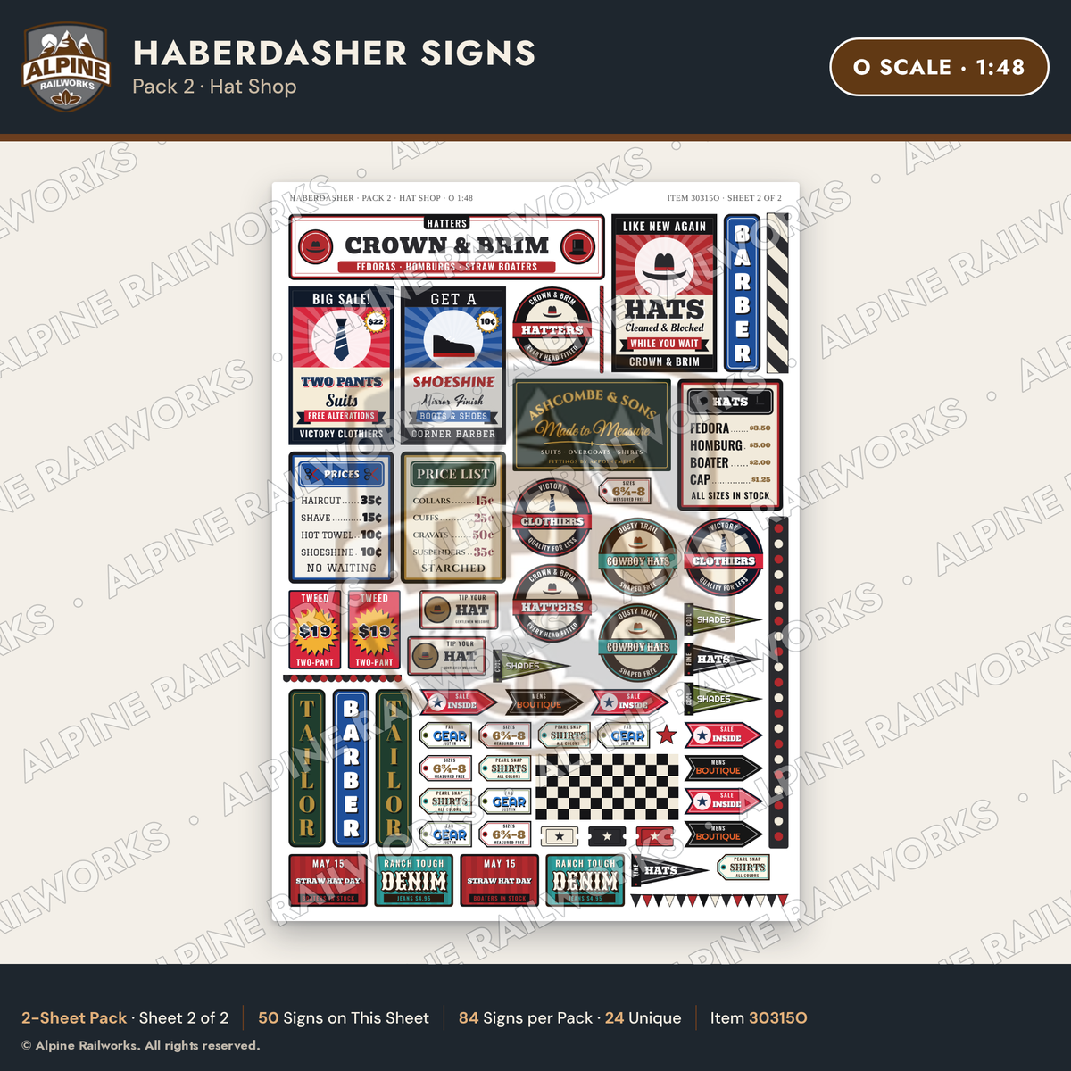 Alpine Railworks 30315O O Scale Haberdasher Signs - Hat Shop