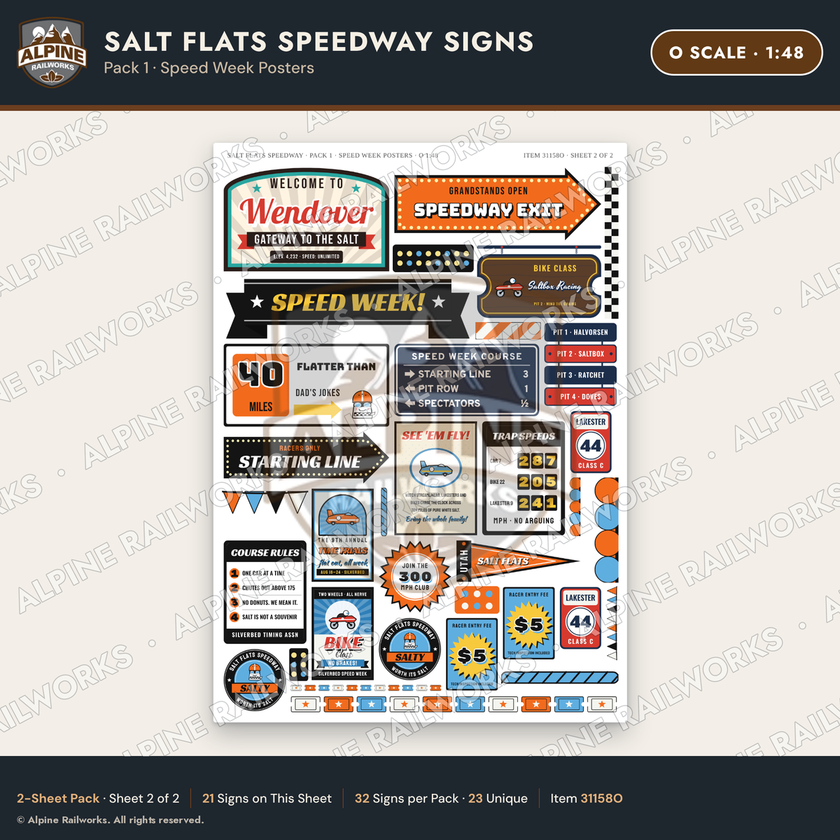 Alpine Railworks 31158O O Scale Racing Signs - Salt Flats Speedway