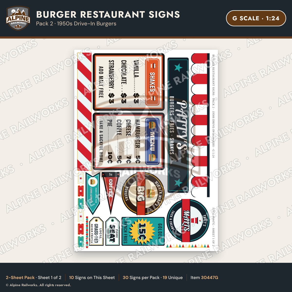 Alpine Railworks 30447G G Scale Burger Restaurant Signs