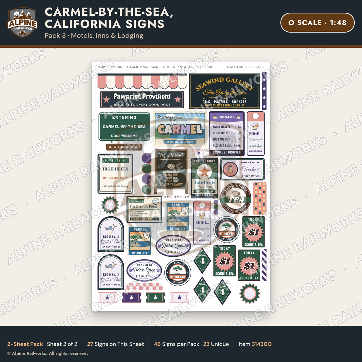 Alpine Railworks 31430O O Scale Carmel CA Signs - Motels & Inns