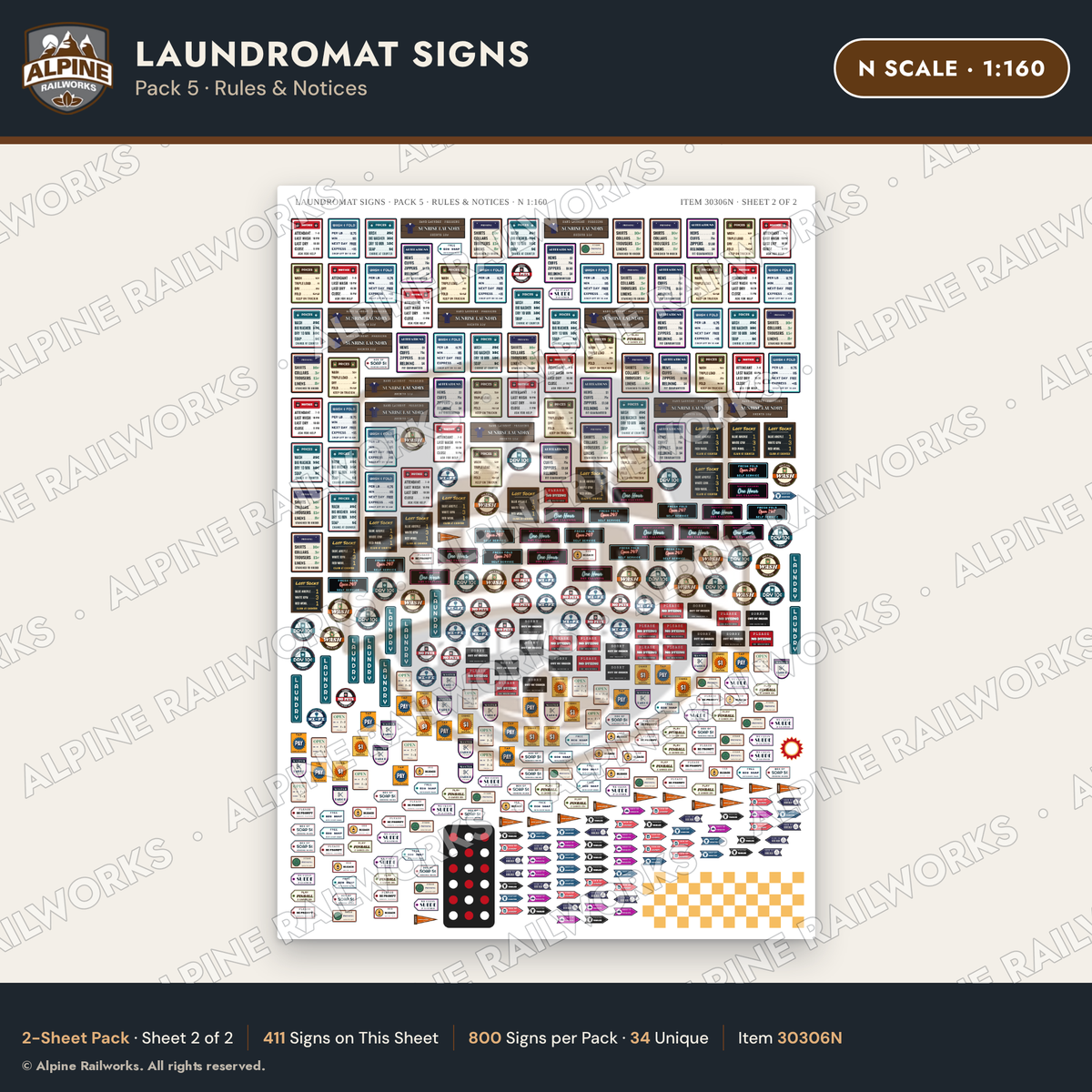 Alpine Railworks 30306N N Scale Laundromat Signs - Rules & Notices