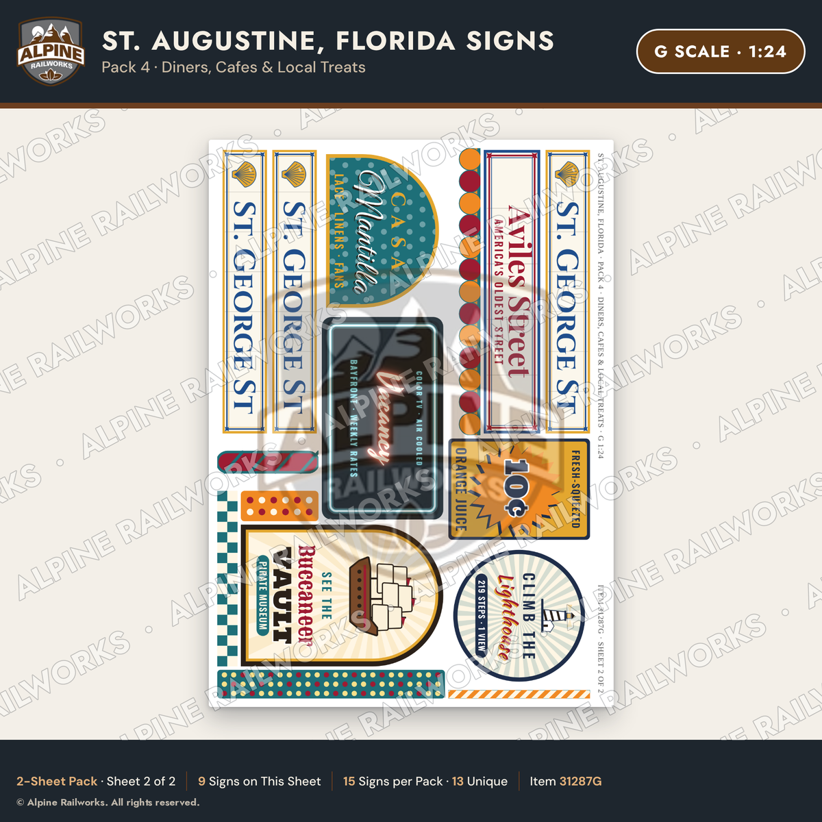 Alpine Railworks 31287G G Scale St. Augustine FL Signs - Diners