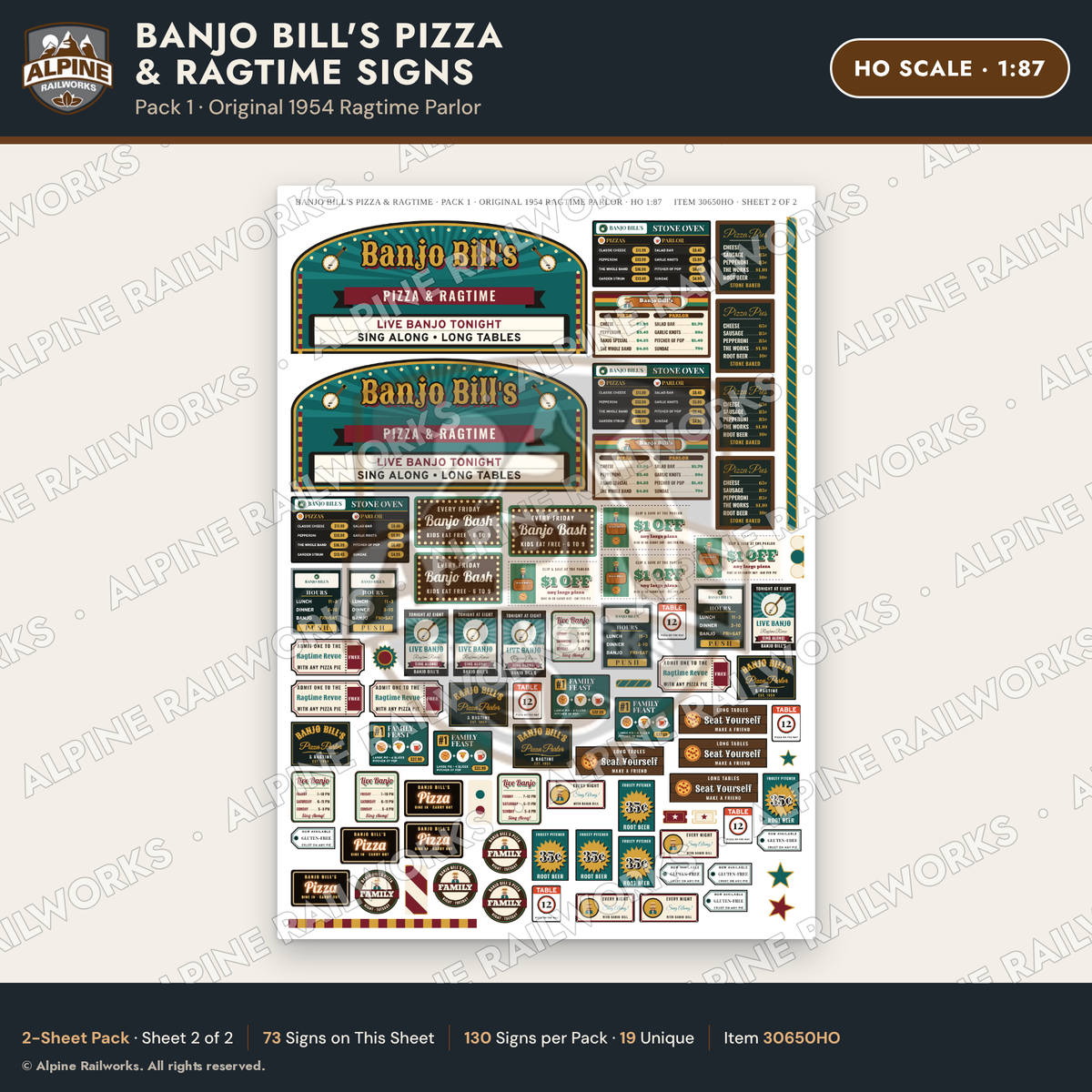 Alpine Railworks 30650HO HO Scale Restaurant Signs - Pizza Parlor
