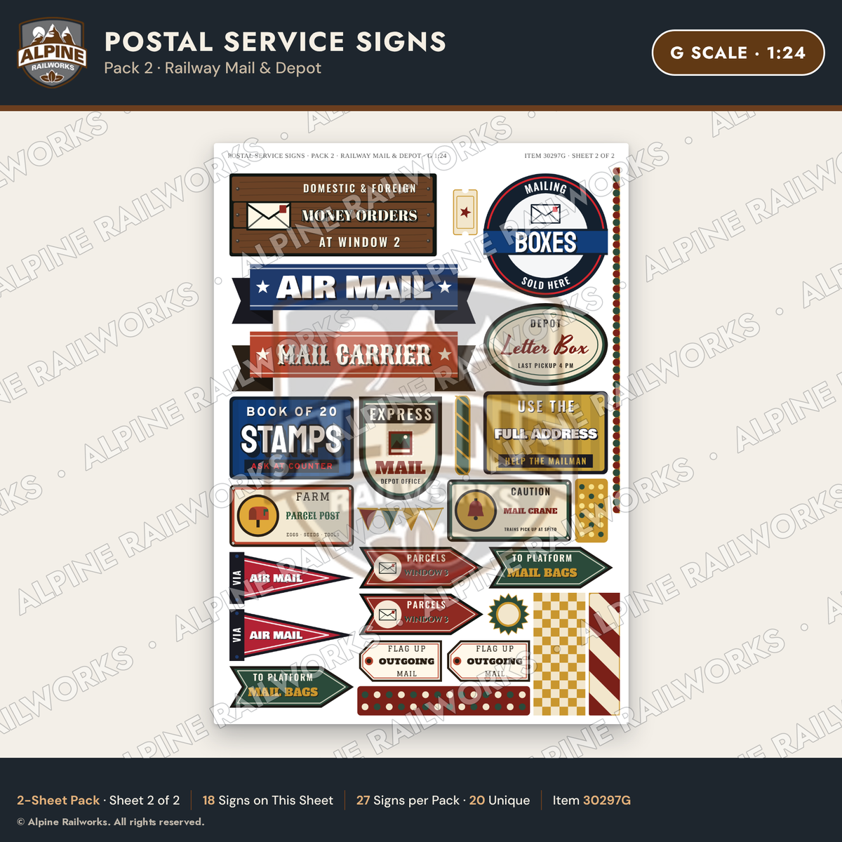 Alpine Railworks 30297G G Scale Postal Service Signs - Railway Mail