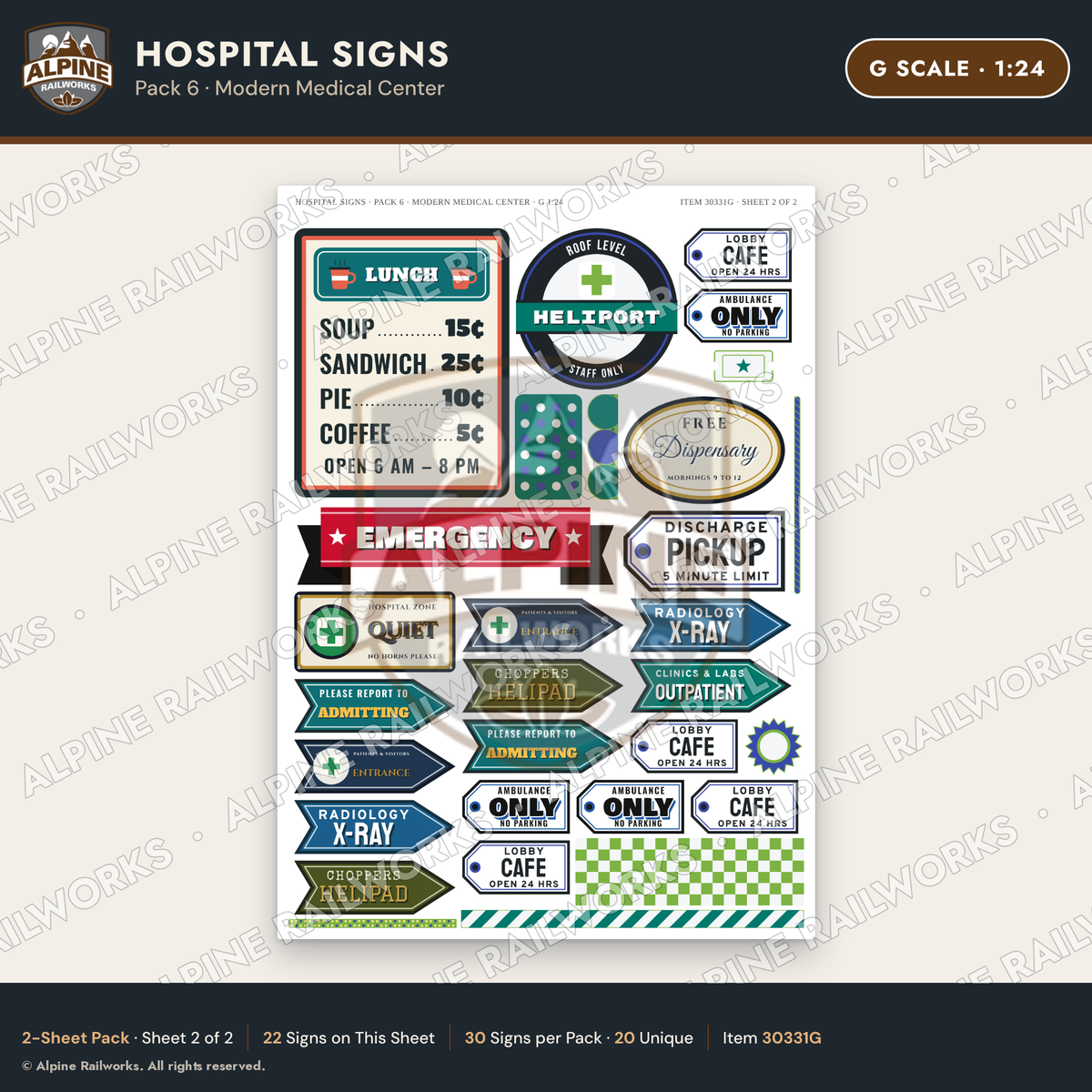 Alpine Railworks 30331G G Scale Hospital Signs - Modern Medical Center