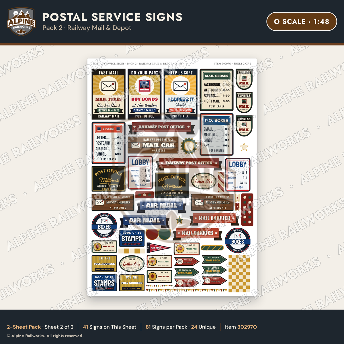 Alpine Railworks 30297O O Scale Postal Service Signs - Railway Mail
