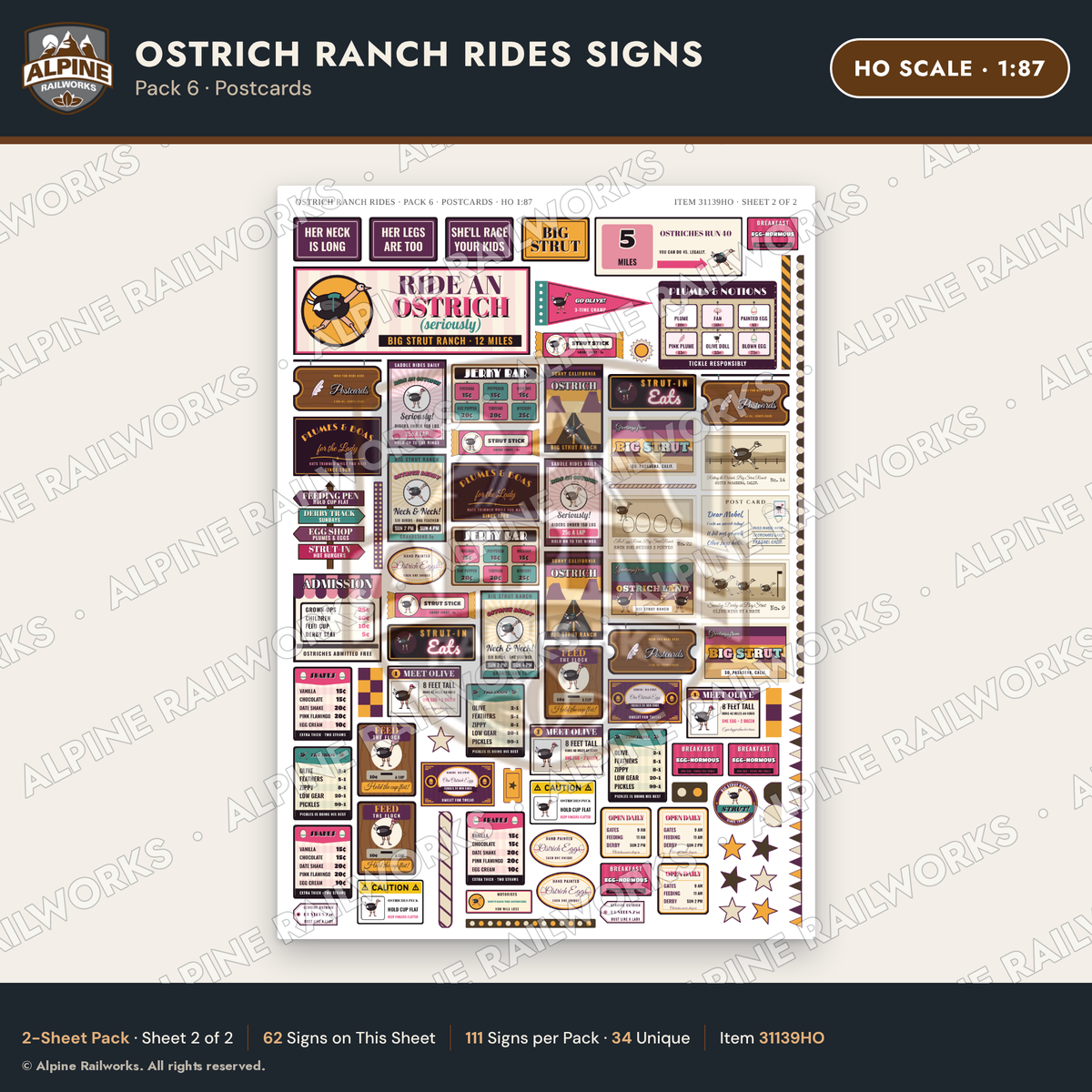 Alpine Railworks 31139HO HO Scale Roadside Signs - Ostrich Farm