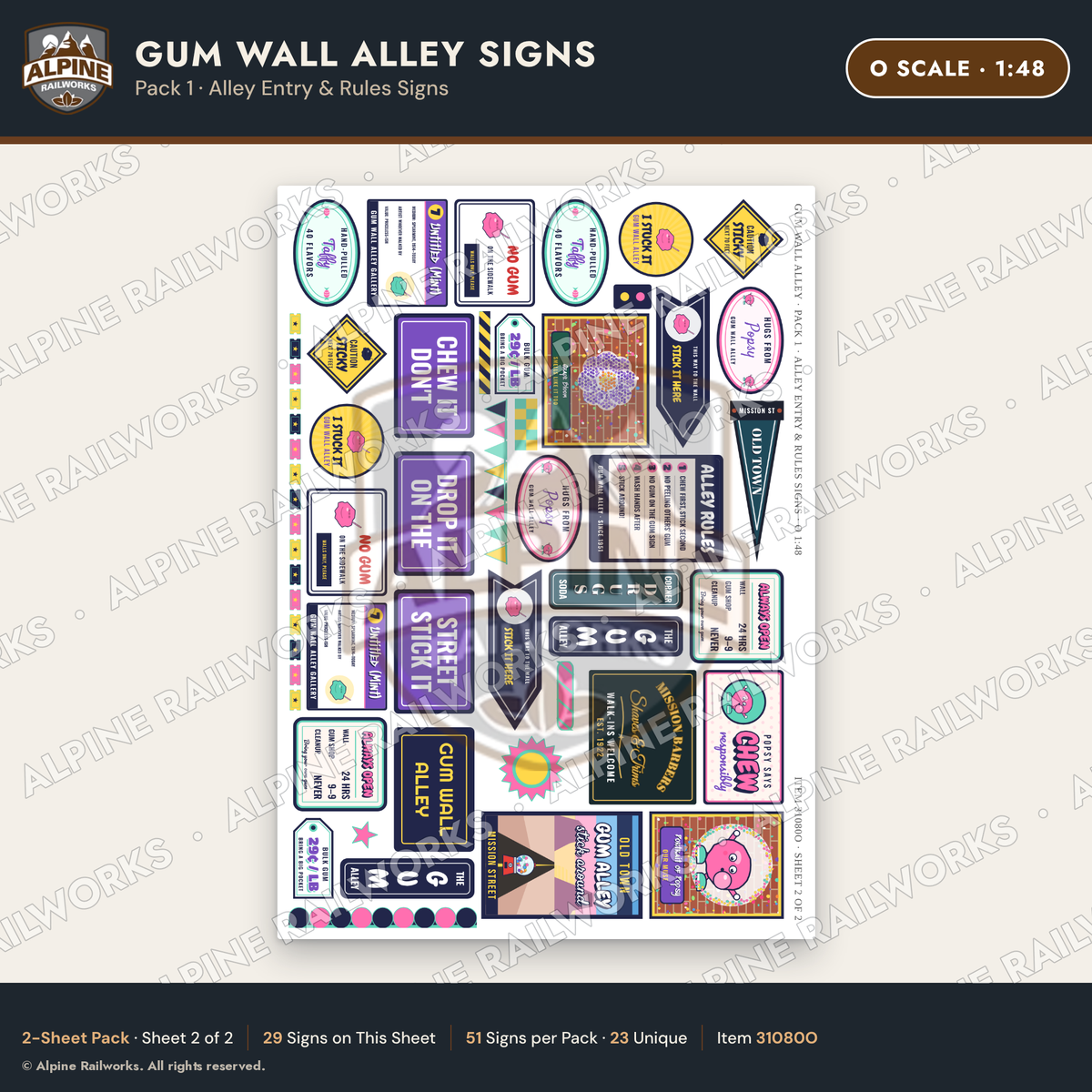 Alpine Railworks 31080O O Scale Roadside Signs - Bubblegum Alley