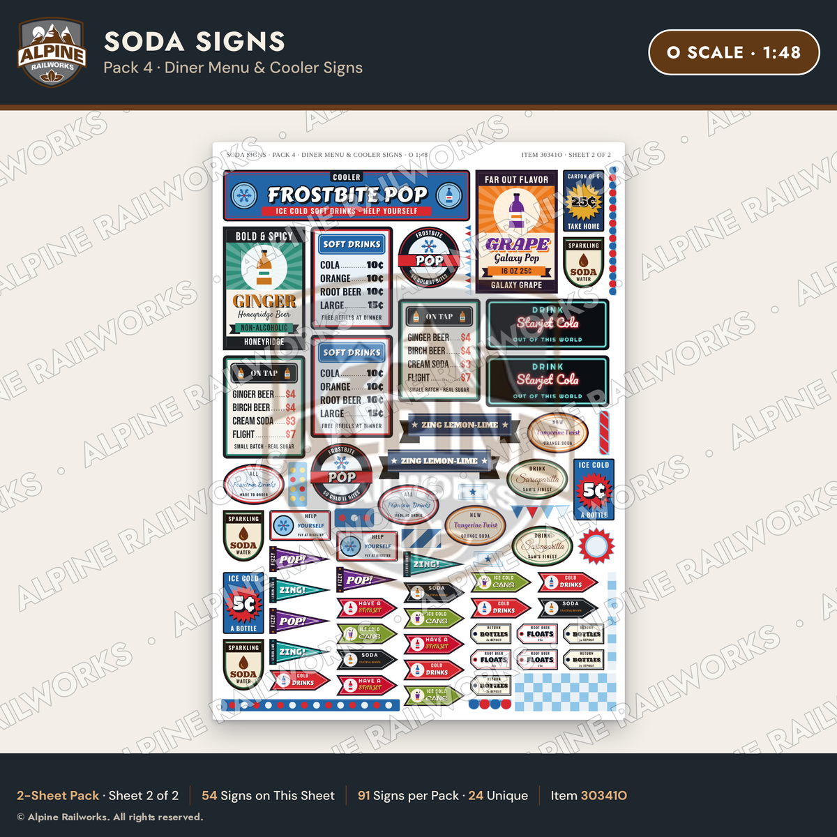 Alpine Railworks 30341O O Scale Soda Signs - Diner Menu & Cooler