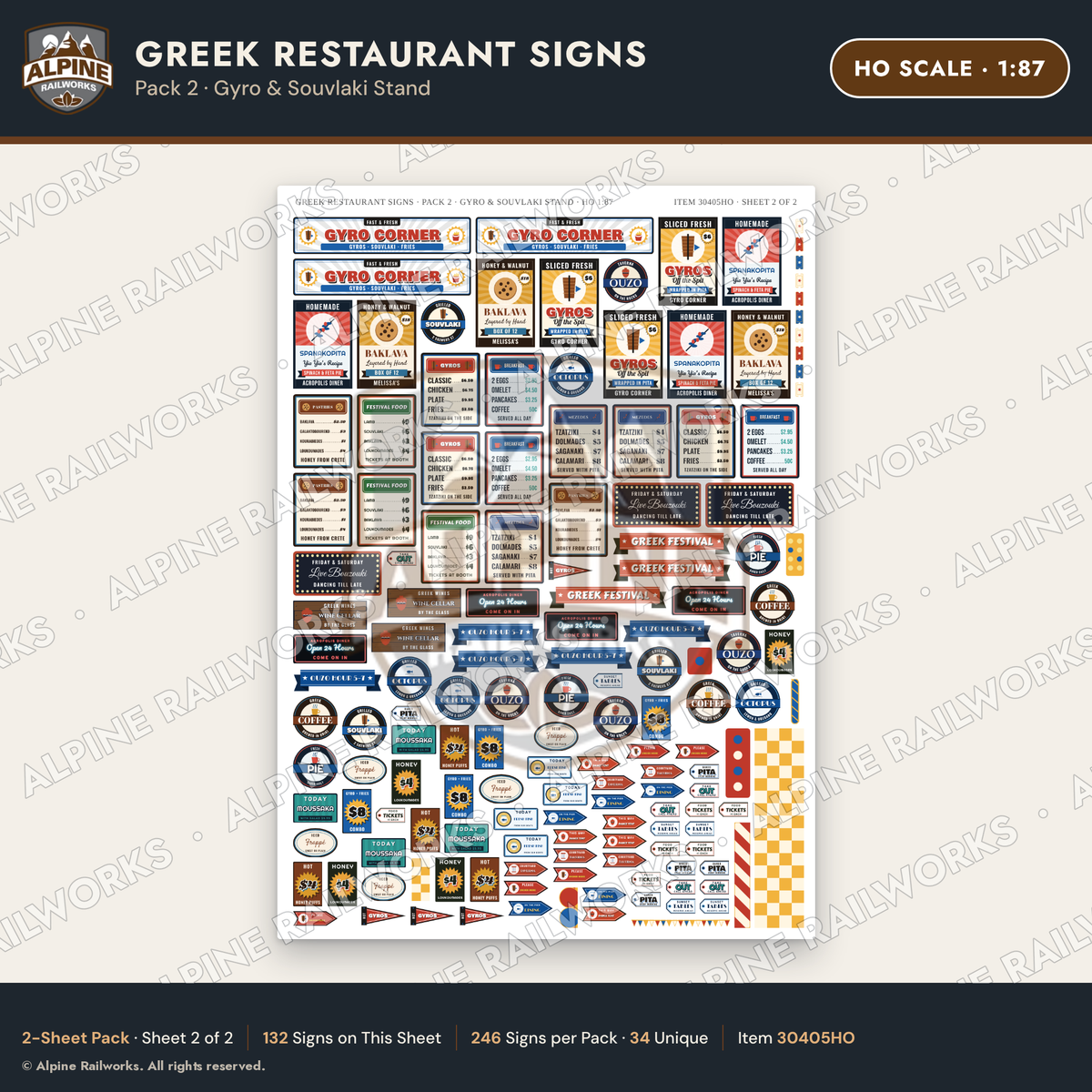 Alpine Railworks 30405HO HO Scale Greek Restaurant Signs - Gyro