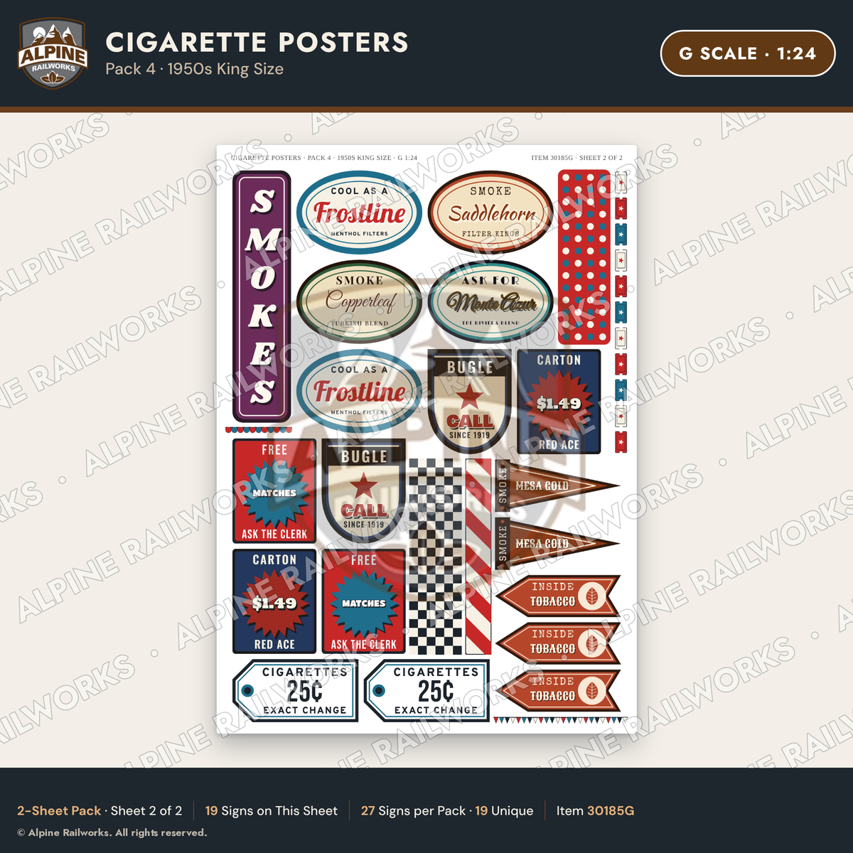 Alpine Railworks 30185G G Scale Cigarette Posters - 1950s King Size