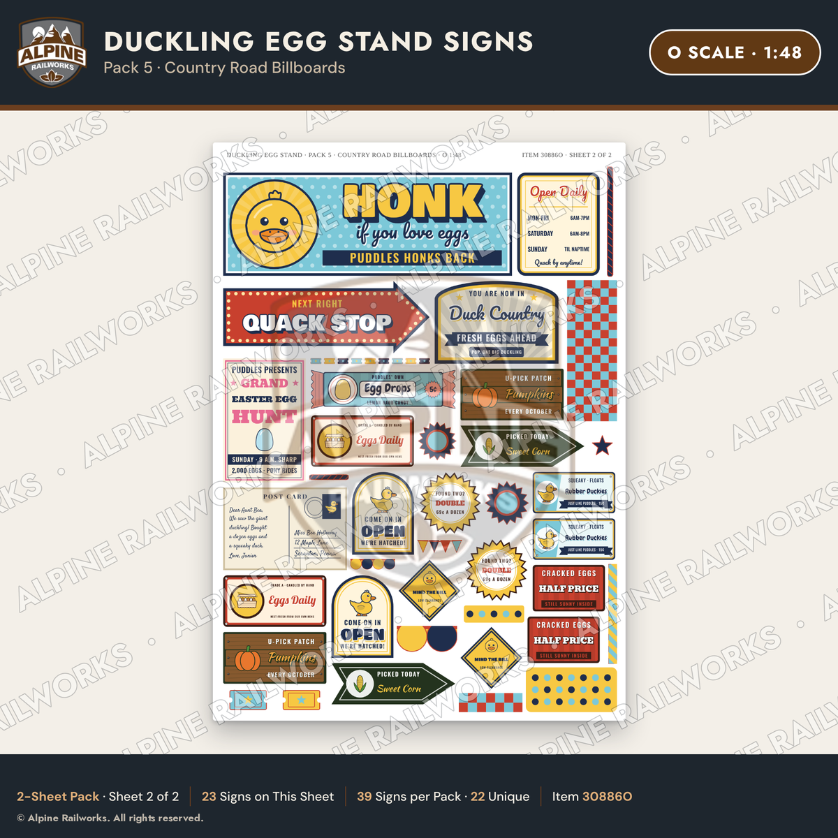Alpine Railworks 30886O O Scale Roadside Signs - Giant Duck Farm Stand