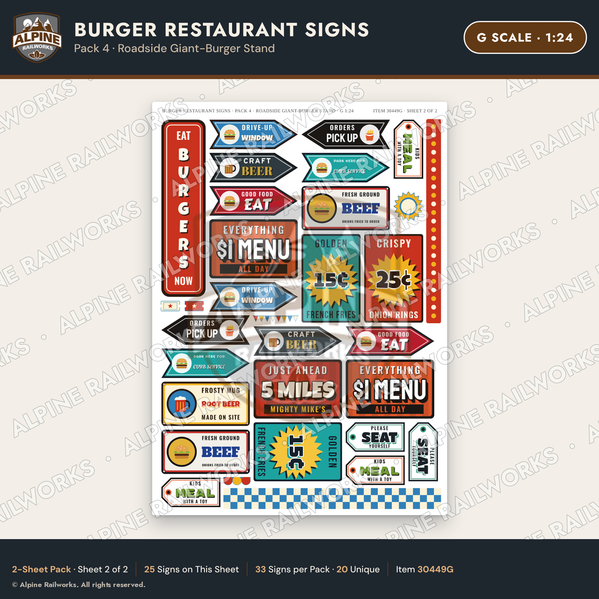 Alpine Railworks 30449G G Scale Burger Restaurant Signs