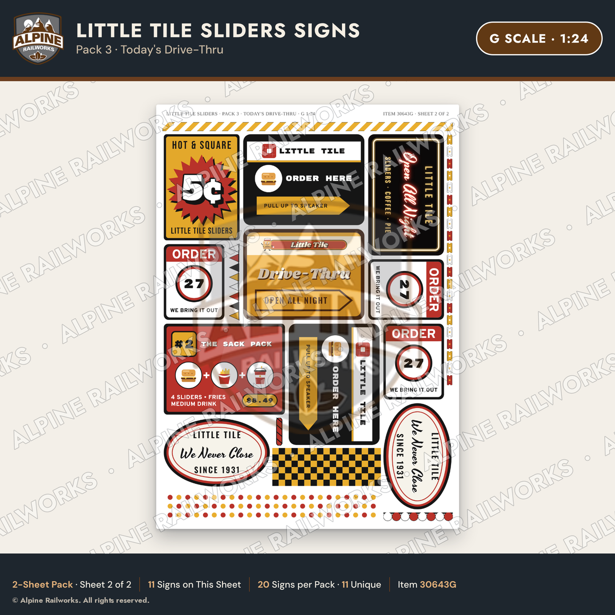 Alpine Railworks 30643G G Scale Fast Food Signs - Slider Burgers