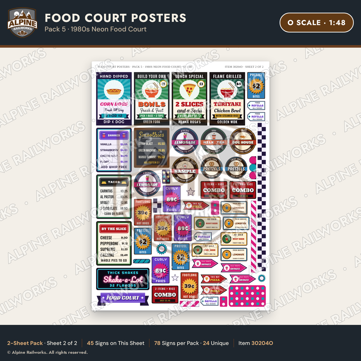 Alpine Railworks 30204O O Scale Food Court Posters - Neon Food Court