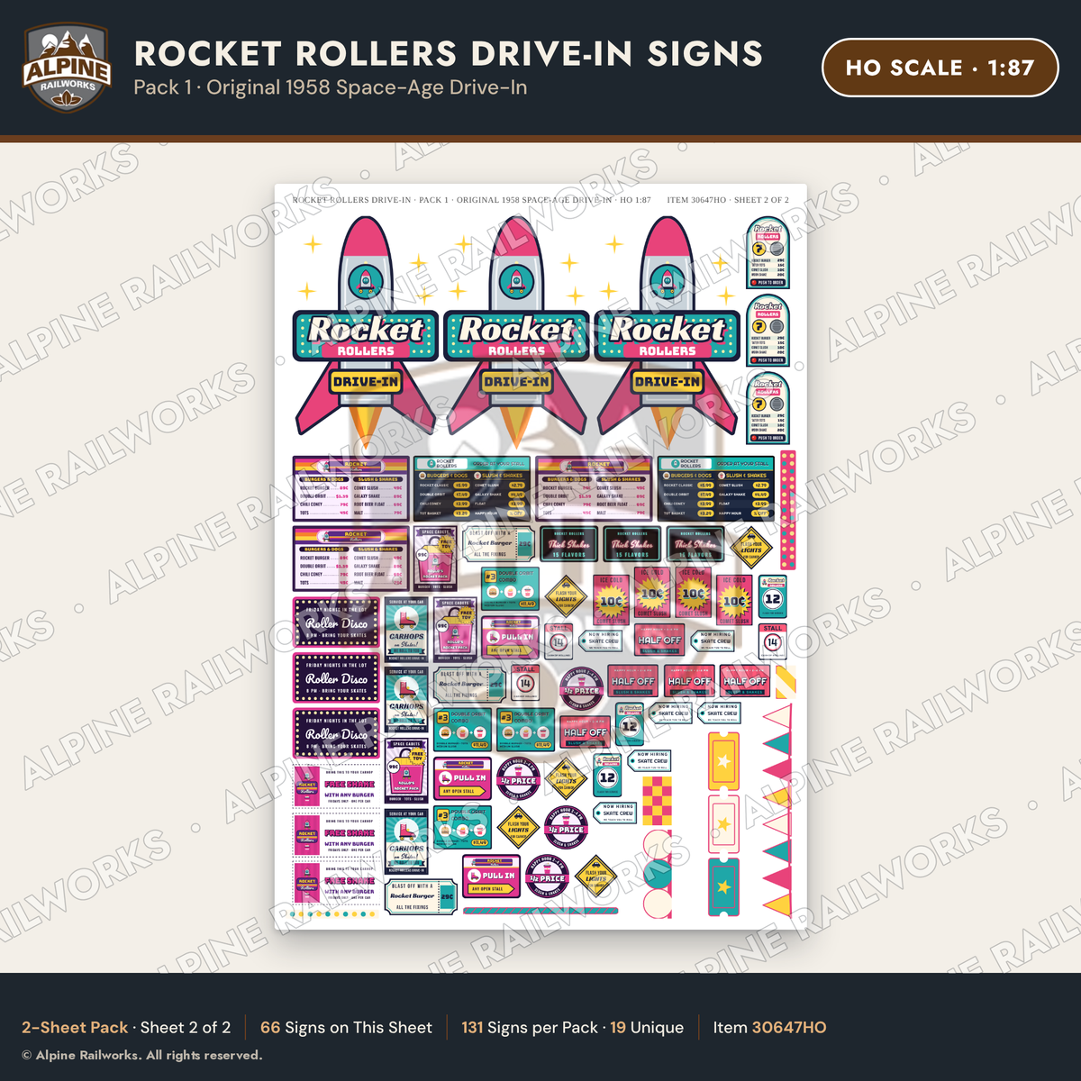 Alpine Railworks 30647HO HO Scale Fast Food Signs - Carhop Drive-In