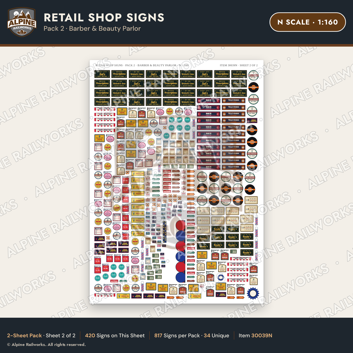 Alpine Railworks 30039N N Scale Retail Shop Signs - Barber