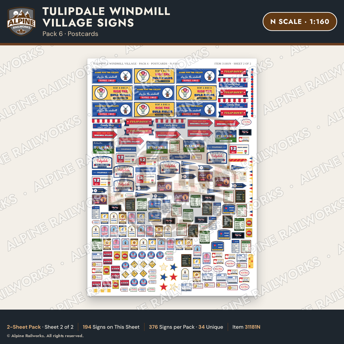 Alpine Railworks 31181N N Scale Roadside Signs - Windmill Village