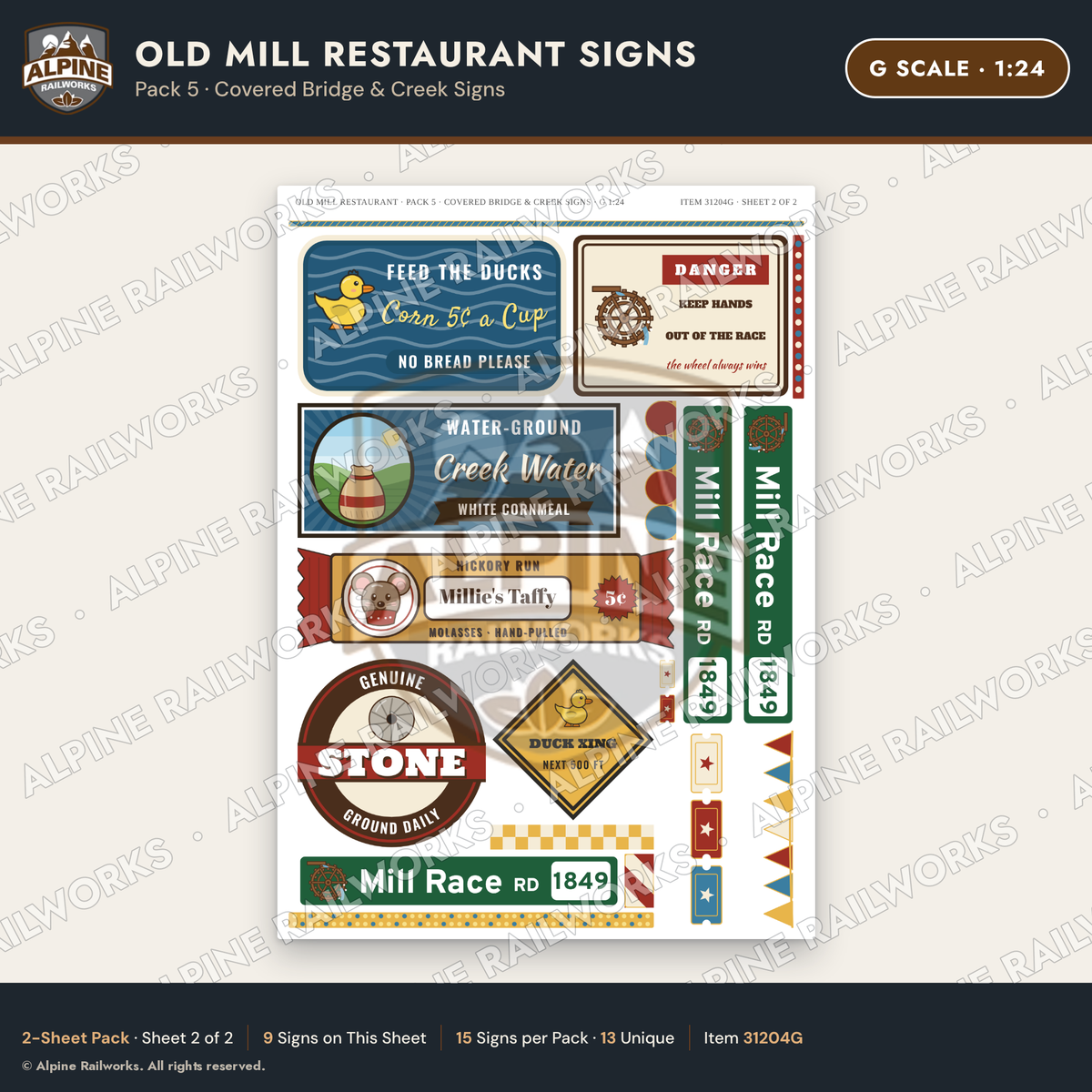 Alpine Railworks 31204G G Scale Old Mill Signs - Covered Bridge