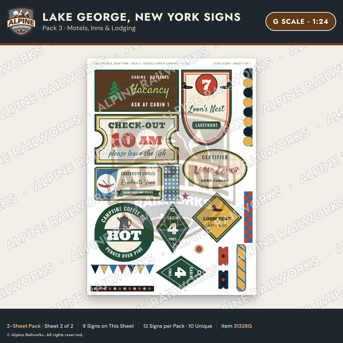 Alpine Railworks 31328G G Scale Lake George NY Signs - Motels & Inns