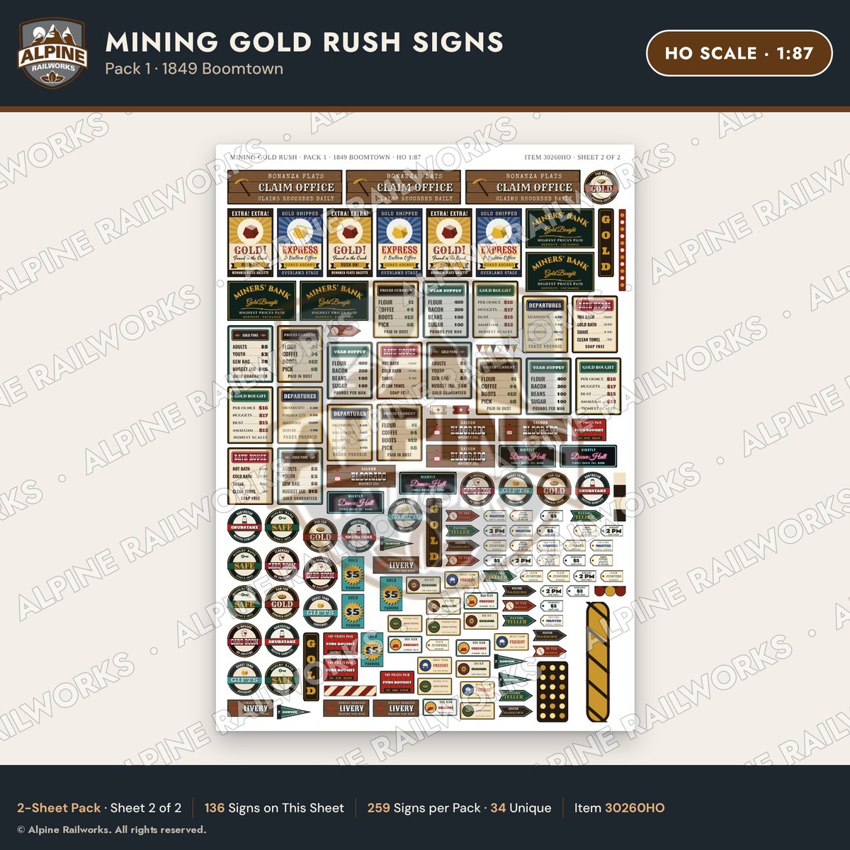 Alpine Railworks 30260HO HO Scale Mining Gold Rush Signs - Boomtown