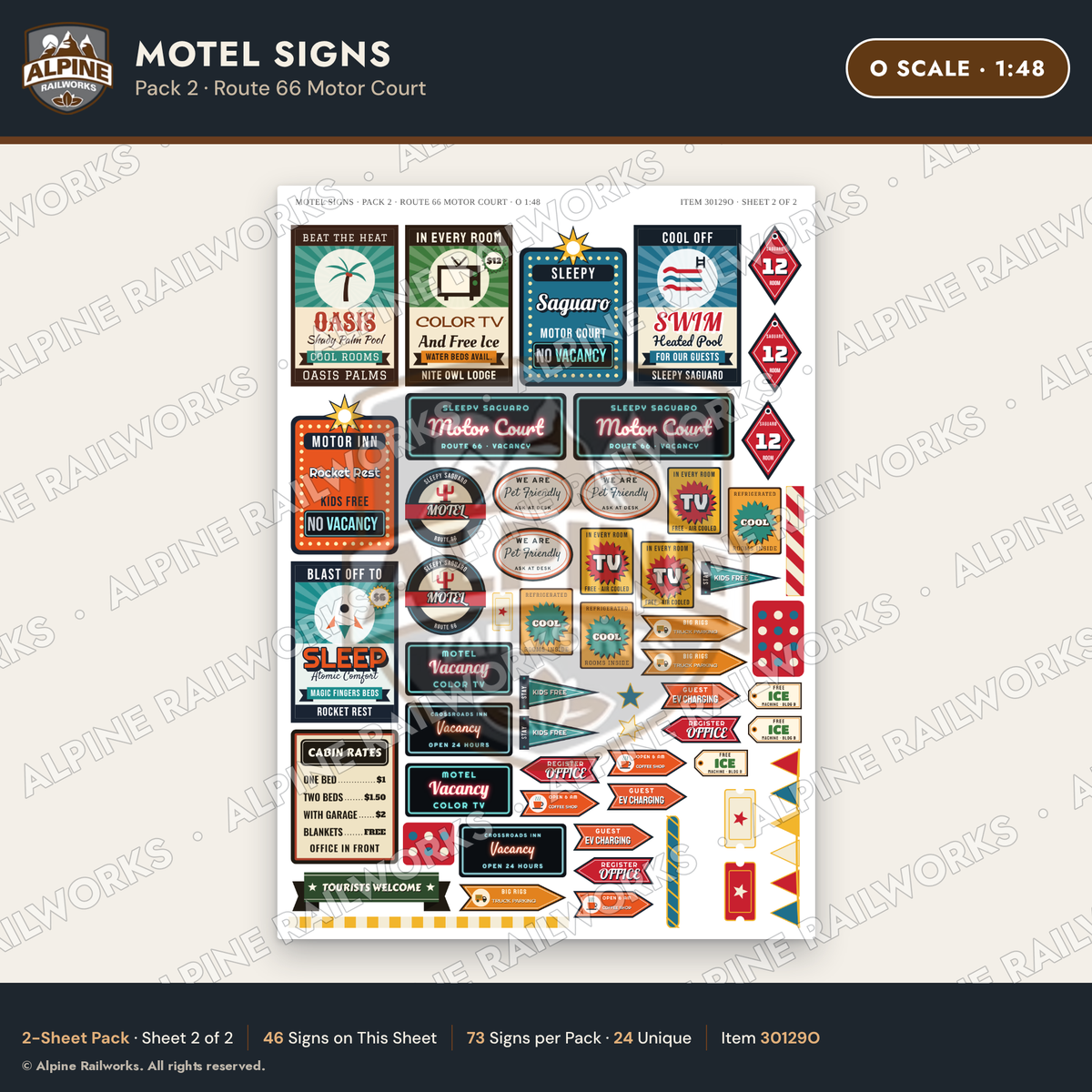 Alpine Railworks 30129O O Scale Motel Signs - Route 66 Motor Court