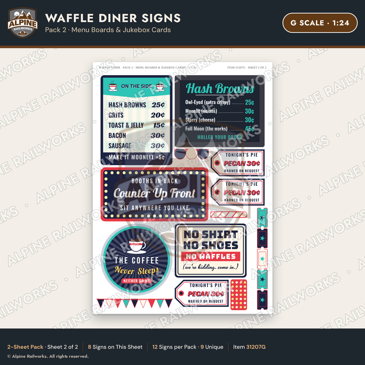 Alpine Railworks 31207G G Scale Waffle Diner Signs - Menu Boards