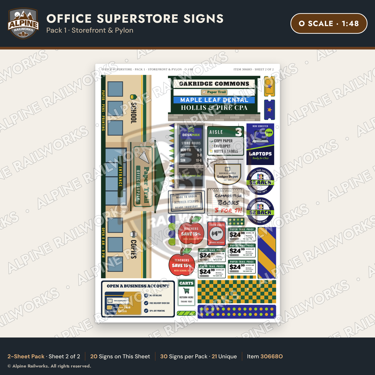 Alpine Railworks 30668O O Scale Office Superstore Signs - Storefront