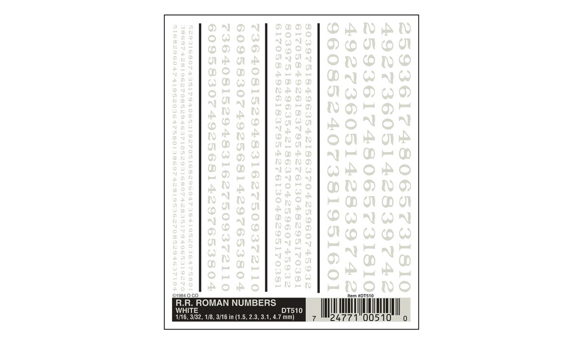 Woodland Scenics DT510 All Scale RR Roman Numbers White