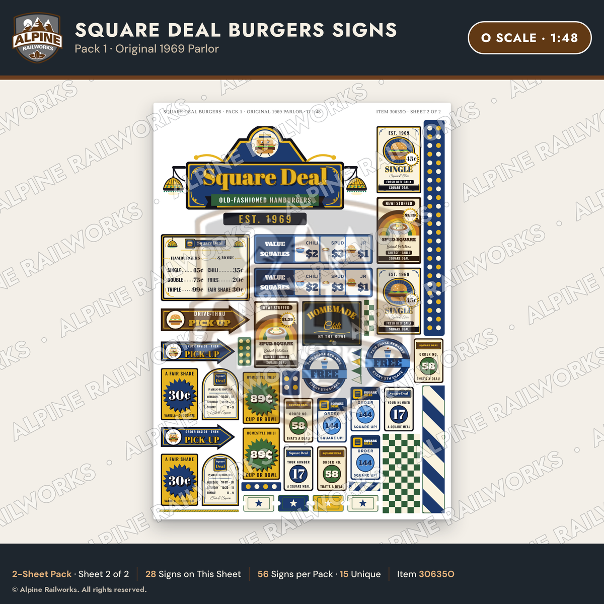 Alpine Railworks 30635O O Scale Fast Food Signs - Square Burgers