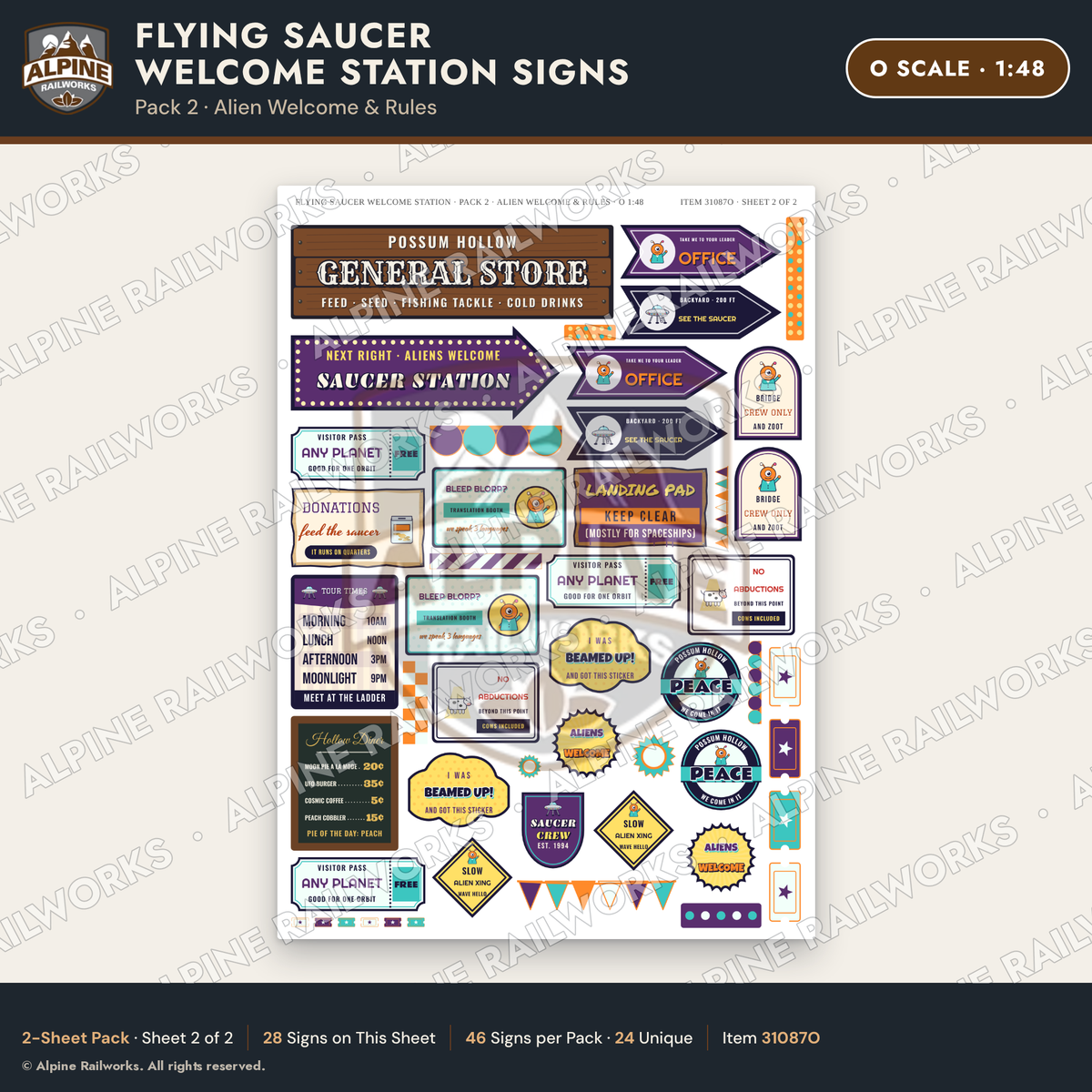 Alpine Railworks 31087O O Scale Roadside Signs - UFO Welcome Center
