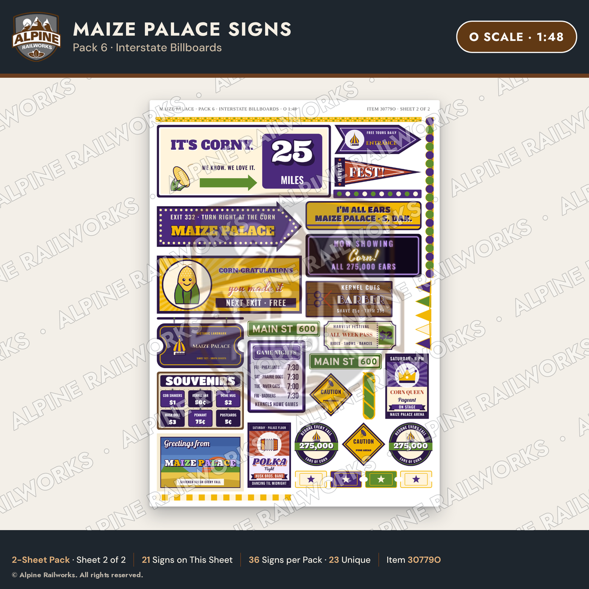 Alpine Railworks 30779O O Scale Roadside Signs - Corn Palace