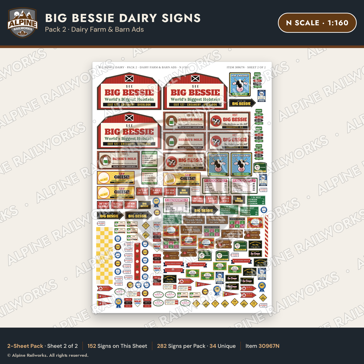Alpine Railworks 30967N N Scale Roadside Signs - Giant Cow Dairy