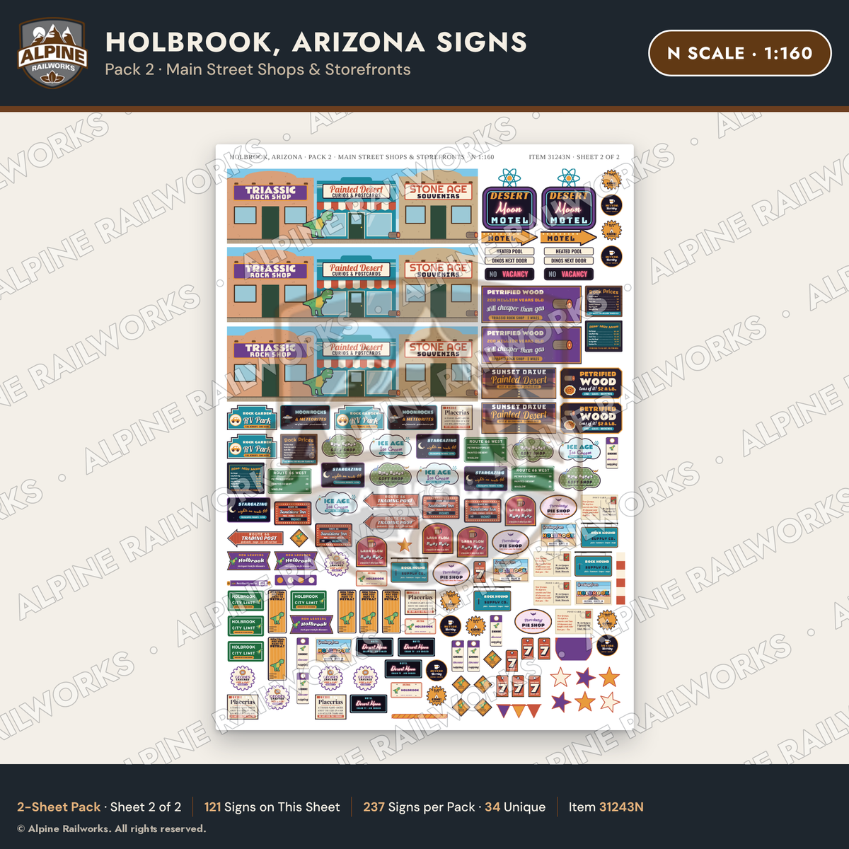 Alpine Railworks 31243N N Scale Holbrook AZ Signs - Main Street Shops