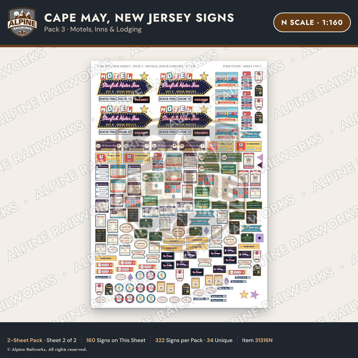 Alpine Railworks 31316N N Scale Cape May NJ Signs - Motels & Inns