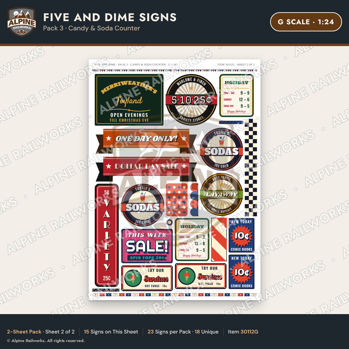 Alpine Railworks 30112G G Scale Five and Dime Signs - Candy