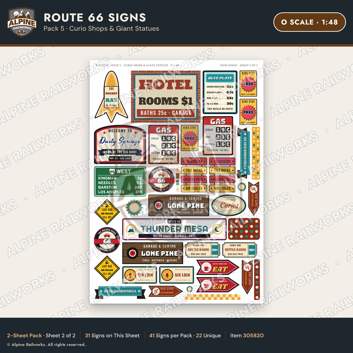 Alpine Railworks 30582O O Scale Route 66 Highway Signs - Curio Shops
