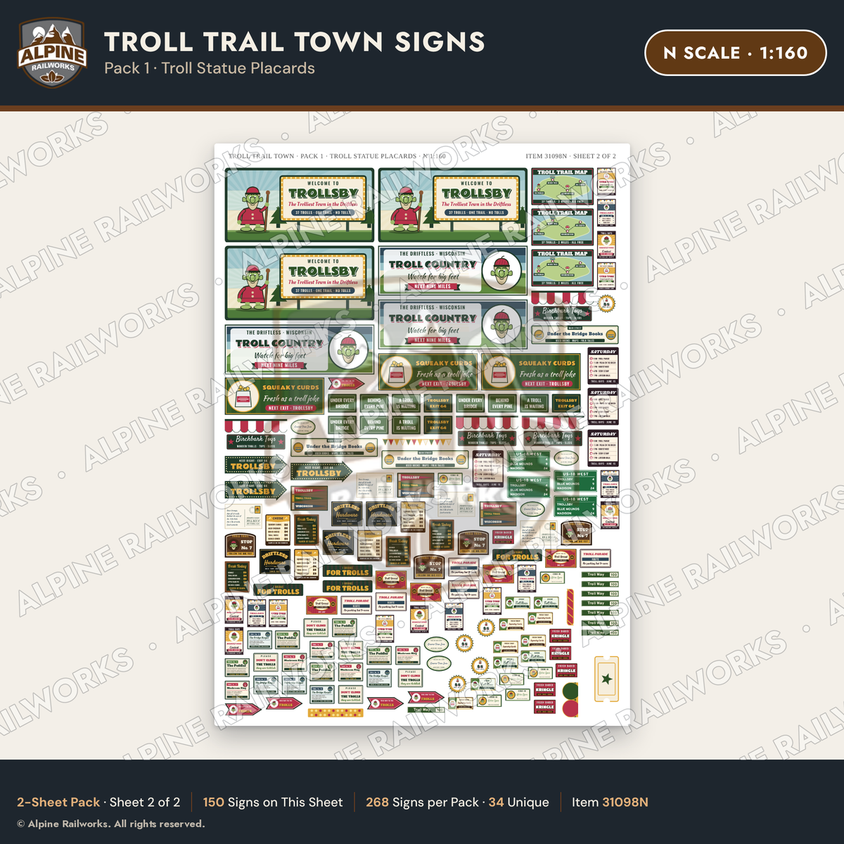 Alpine Railworks 31098N N Scale Roadside Attraction Signs - Troll Town