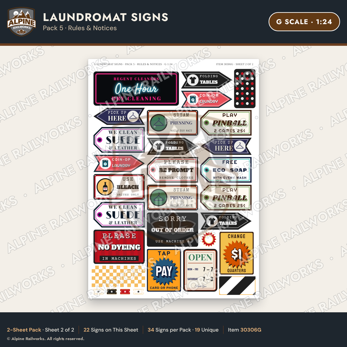 Alpine Railworks 30306G G Scale Laundromat Signs - Rules & Notices