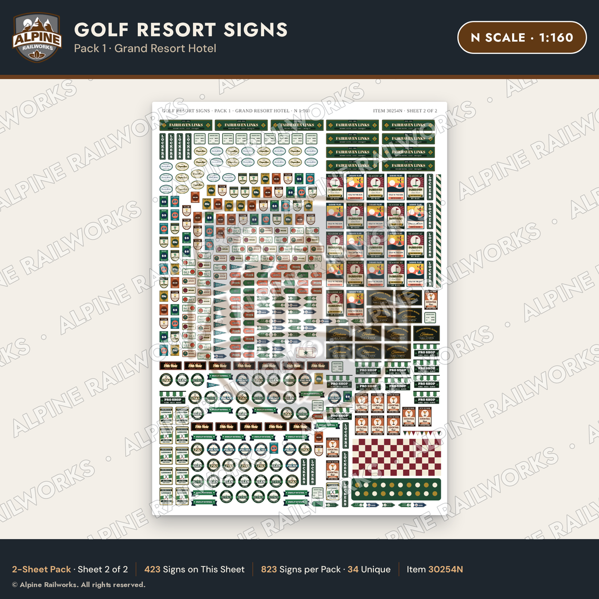 Alpine Railworks 30254N N Scale Golf Resort Signs - Grand Resort Hotel