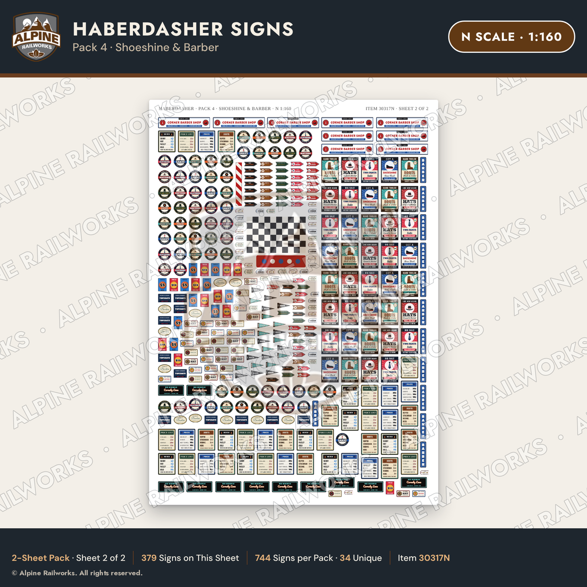 Alpine Railworks 30317N N Scale Haberdasher Signs - Shoeshine & Barber