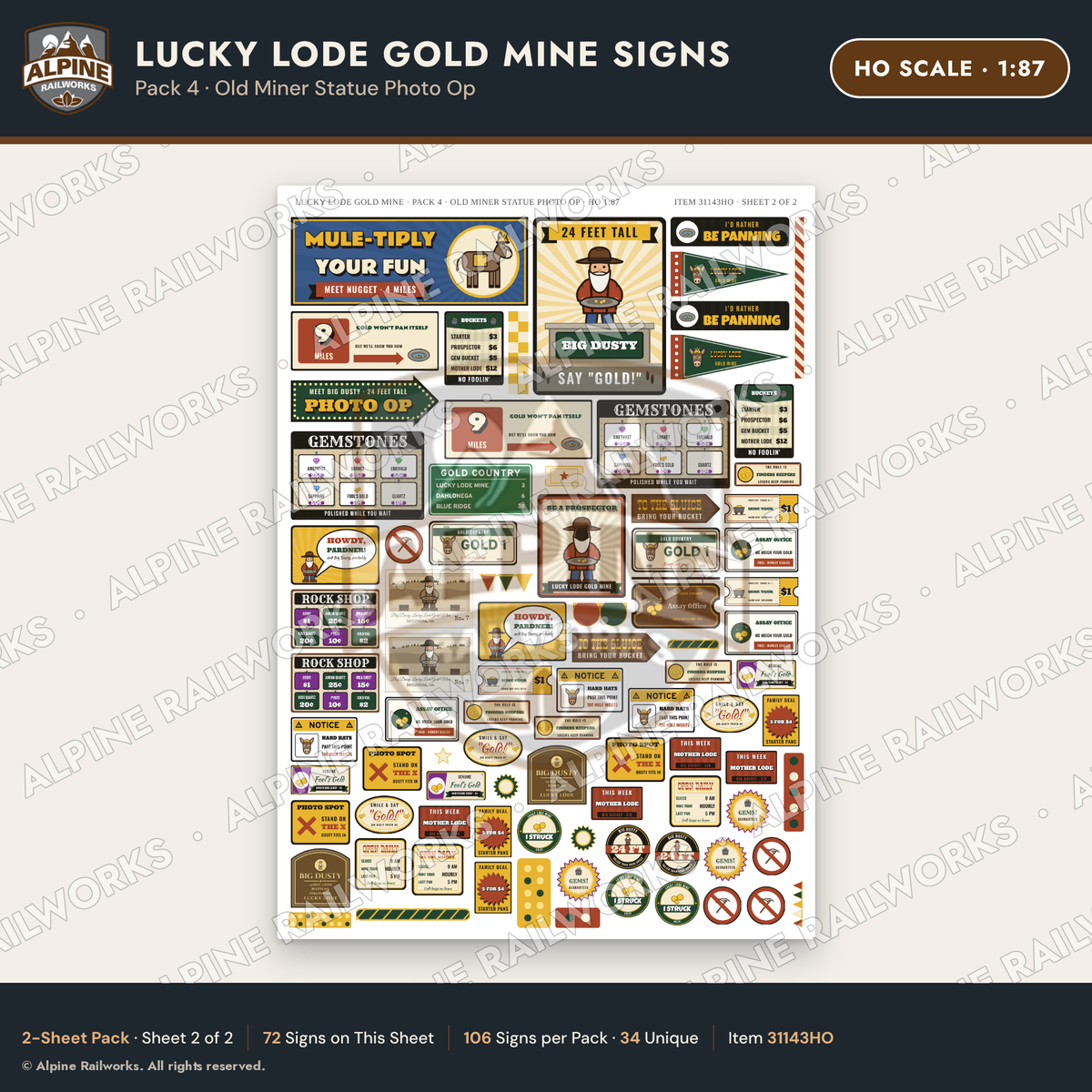Alpine Railworks 31143HO HO Scale Roadside Signs - Gold Panning Mine