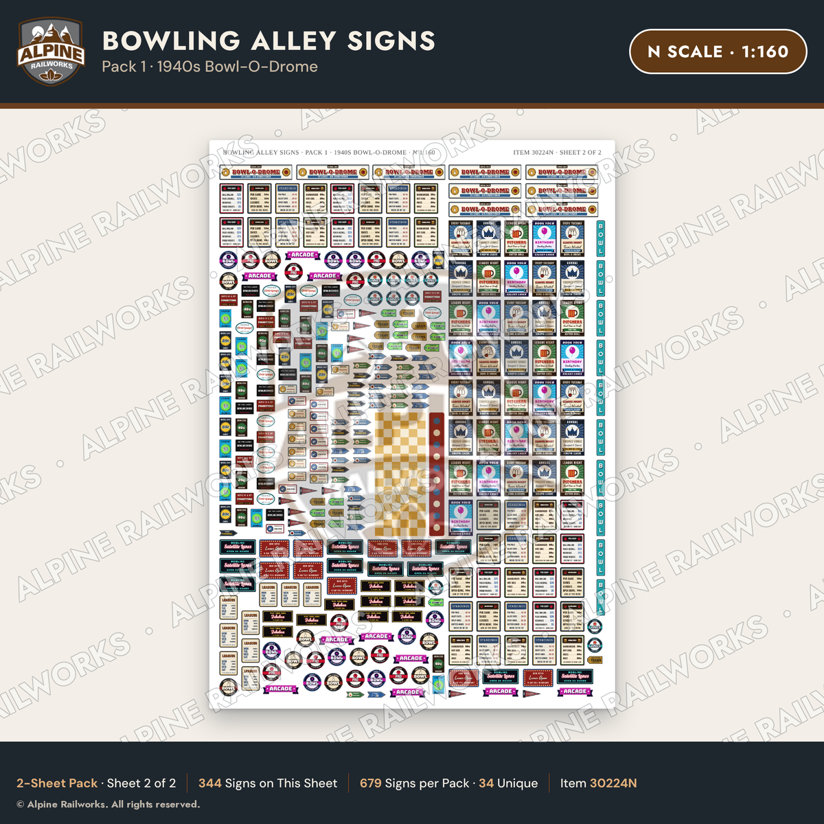Alpine Railworks 30224N N Scale Bowling Alley Signs - Bowl-O-Drome