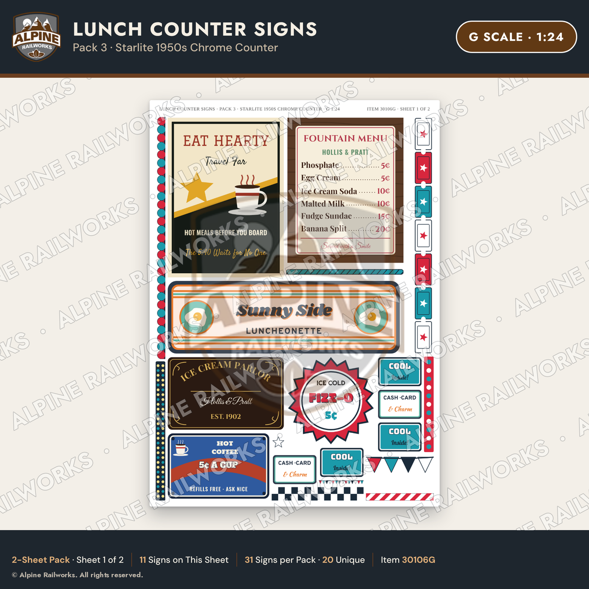 Alpine Railworks 30106G G Scale Lunch Counter Signs