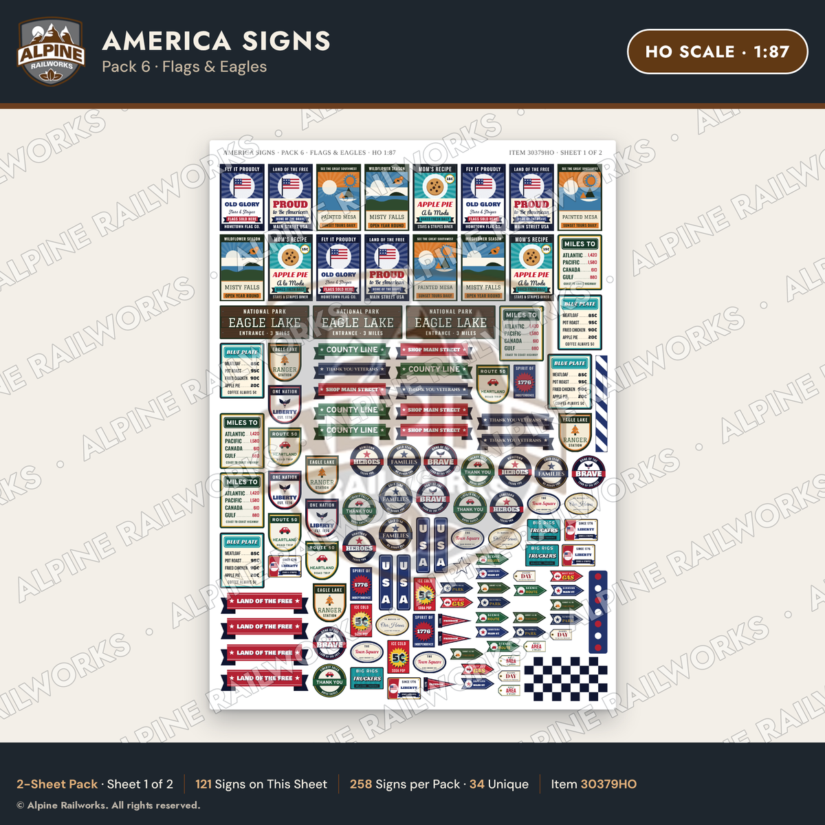 Alpine Railworks 30379HO HO Scale America Signs - Flags & Eagles