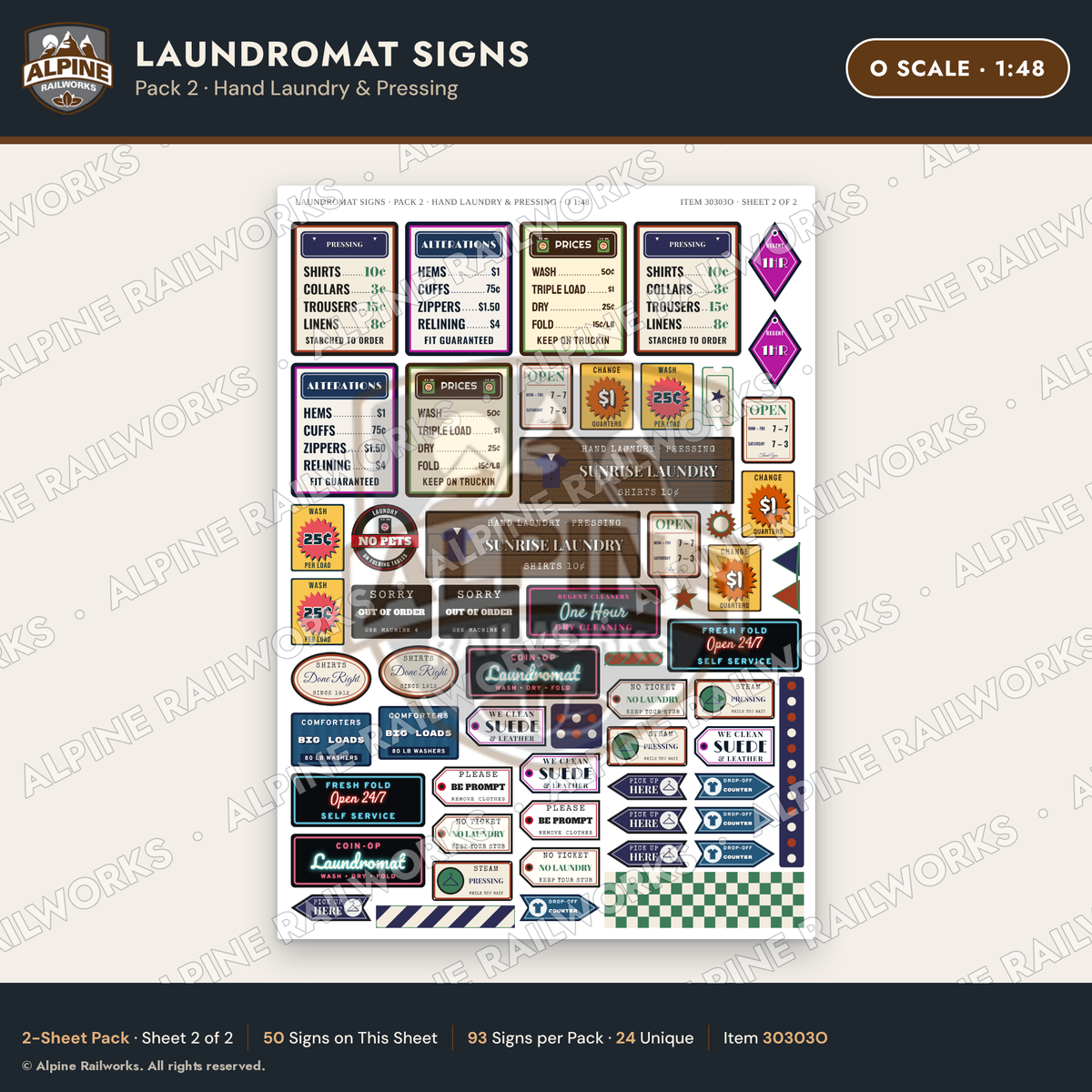 Alpine Railworks 30303O O Scale Laundromat Signs - Hand Laundry